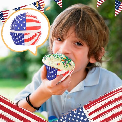 Image of 600 Pack 4th of July Cupcake Liners - Patriotic Red White Blue Baking Cups, Standard Size Muffin Wrappers for Independence Day Party, Cake & Candy Decorations(12 Styles)