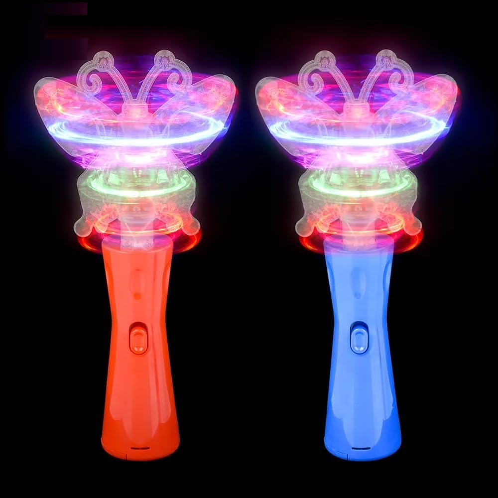 Zugar Land LED Light-Up Butterfly Magic Wands - 2 Pack (1 Red and 1 Blue) (10") Batteries Included. Spin Toy for Boys, Girls, Kids, Toddlers. Fun Party Favor.