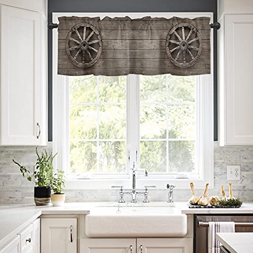Barn Wood Wagon Wheel Curtain Valance For Windows/Living Room/Kitchen/Bathroom, Short Rod Pocket Tier Curtain Window Treatment, 1 Panel 54X18 Antique Aged Carriage Vehicle Wheel On The Wall Of Barn, #TOP1