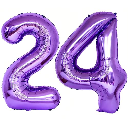Image of Number 24 Purple Balloons 40 Inch Giant Purple 24 Number Foil Helium Balloons for 24th Purple Birthday Party Supplies 42th Anniversary Events Decorations