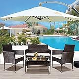 Merax 4 Pieces Outdoor Patio Furniture Sets with Wicker/Rattan Sofa, Chair, Glass Table and Cushions Seat for Garden, Brown