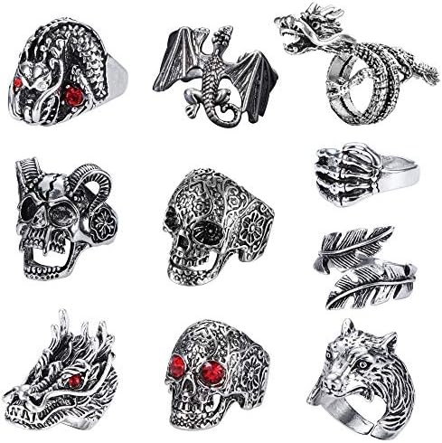 FIASASO 10 Pcs Vintage Punk Rings for Men Women Octopus Dragon Snake Ring Adjustable Cool Gothic Ring Set Jewelry skull …