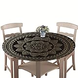 Chickwin Nappe de Table Ronde Imperméable avec Bord Élastique, Nappe Motif Mandala Rétro 3D, Nappe Anti-dérapant pour Cuisine, Restaurants, Picnic, Camping (Noir,Diamètre 100 cm)