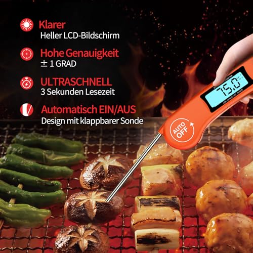 DOQAUS Grillthermometer Fleischthermometer Küchenthermometer Bratenthermometer Kochthermometer mit 3s Sofortiges Auslesen, LCD Bildschirm und Lange Sonde, für Kochen, BBQ (Orange) 2