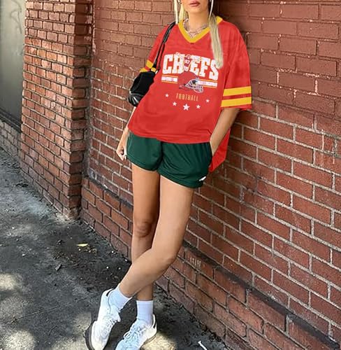 Oversized Football Jersey Tshirt Women Game Day Graphic V-Neck Jersey Tees Football Team Fans Mesh Tshirt4