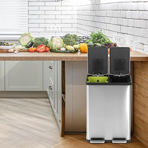 Simpli-Magic 60 Liter / 16 Gallon Rectangular Hands-Free Dual Compartment Recycling Kitchen Step Trash Can with Soft-Close Lid, Brushed Stainless Steel (30L x 30L Capacity) by SIMPLI-MAGIC - Image 7