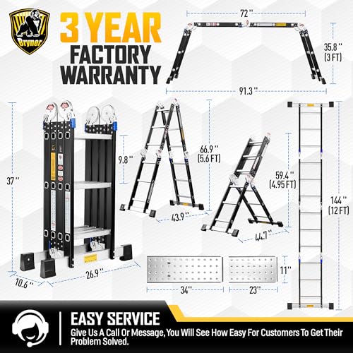 Ladder, Bryner 7 in 1 Multi-Purpose Ladder Aluminium Extension Ladder 12Ft Folding Adjustable Telescoping Step Ladder Heavy Duty Ladders Meet SGS EN 131 Standard 330lbs