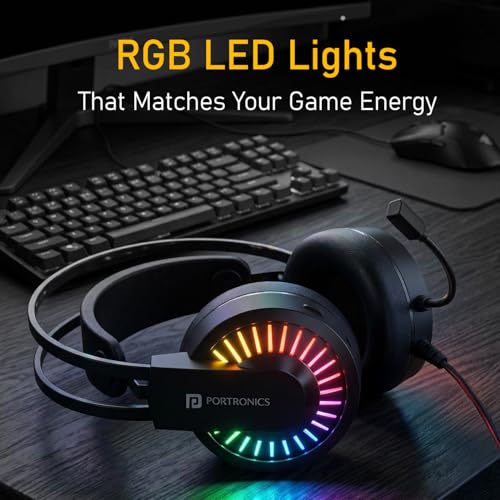 Image of Portronics RAVN Premium Wired Over Ear Gaming Headphone with Boom Mic, Soft Head Support, RGB LED Lights, 40mm Dynamic Driver, 1.5M Cable Length, Lightweight, 3.5mm + USB A Connector (Black)