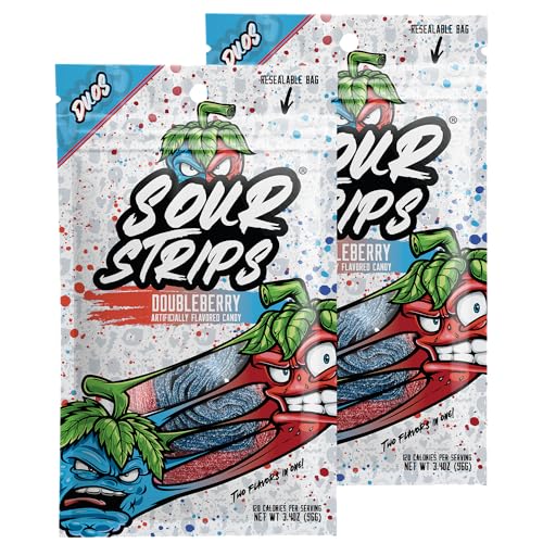 SOUR STRIPS Sour Strips Flavored Sour Candy Strips, Deliciously Sour Chewy Candy Belts, Vegetarian Candies, 2 Pack (Doubleberry (2 Pack))