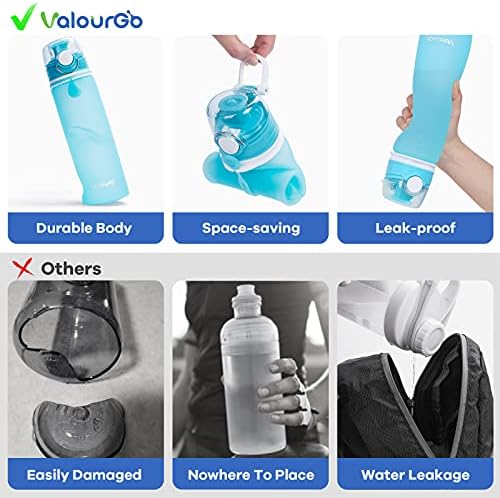 Valourgo Collapsible Water Bottle, Reusable BPA Free Foldable Sports Water Bottle for Gym Travel Hiking Camping, Lightweight Silicone Folding Water Bottle with Leak Proof Valve, 21oz (Aqua Blue)