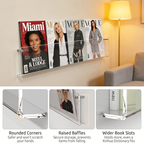 Vehiwell 2Pack Acryl Zeitschriftenhalter, 100cm Wand Acryl Prospekthalter, Schwebende Präsentationsregal, Ohne Bohren, Transparent Modern Bücherregale Geeignet für Die Dekoration Jeder Wand