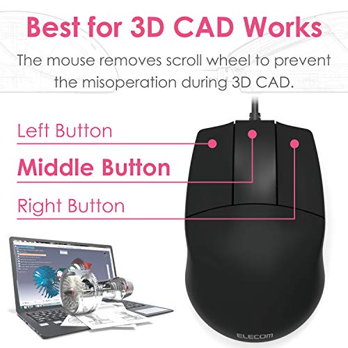 Elecom -Japan Brand- Wired Connection, Basic 3D-Cad Mouse, No Scroll Wheel, 3 Button Computer Mouse With Smooth Optical Tracking, Blue Led, 600/1200 Dpi, For Windows / Mac (M-Cad01Ubbk) #TOP1