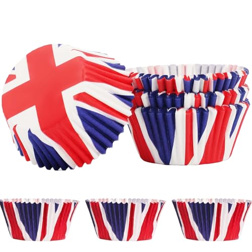 MORAINJAY 100pk Union Jack 80th VE/VJ Day Anniversary Cake Cups British Flag Paper Baking Cases Muffin Cases Non-Toxic Odorless Standard Size Patriotic Party Supplies