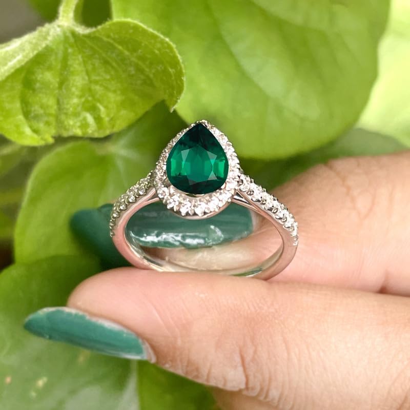 1 Ct. Pear Cut Green Emerald & Diamond Halo Engagement Ring For Women, 14K Gold Plated 925 Silver May Birthstone Emerald Bridal Side Stone Ring