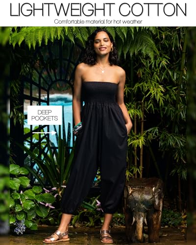 likemary Harem Pants Women Jumpsuits – Romper Pulls Down into Boho Cotton Pants – Petite Capri 2-in-1 Jumper with Pockets Black