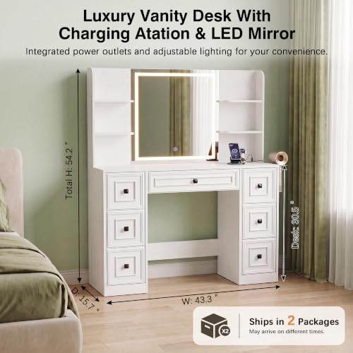 Image of YESHOMY Makeup Vanity Desk,LED Mirror,Charge Hub,Hair Tool Organizer