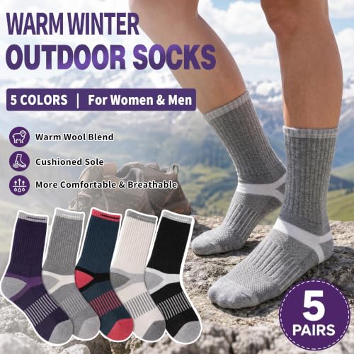 Image of MOGGEI 5 Pairs Merino Wool Hiking Socks Warm Thermal Winter Cozy Cushioned Moisture Wicking Socks for Women & Men