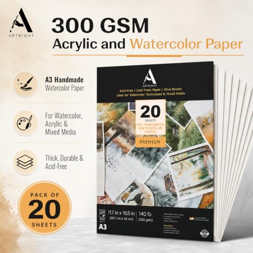 Image of ArtRight Artists' Acrylic Paper (A3 Pack of 20 Sheets, 300 GSM); 300 GSM Handmade Sheets for Gouache & Acrylic Media