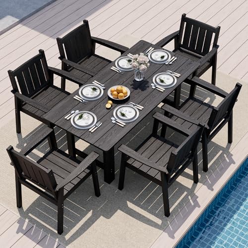 Image of Pamapic 7 PCS Outdoor Dining Set, Spacious HDPE Outdoor Table and Chairs, Wood Grain Patio Furniture Sets with Elegant Armrest, All-Weather Patio Dining Table with Umbrella Hole, Black