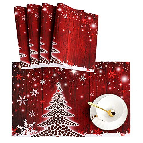 Naanle Winter Holiday Christmas Placemats Set of 4 Christmas Tree with Snowflake Heat-Resistant Washable Table Place Mats for Kitchen Dining Table Decoration