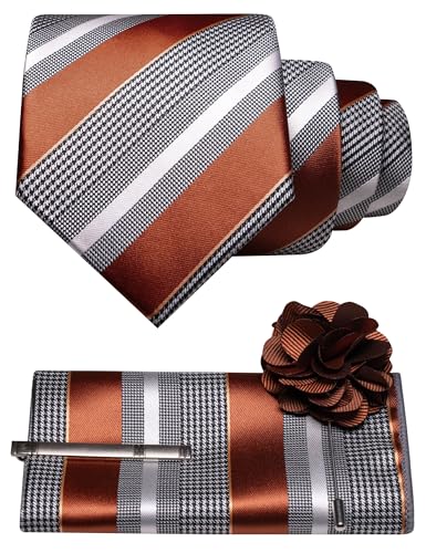 Image of JEMYGINS Mens Striped Tie and Lapel Pin Necktie Pocket Square and Tie Clip Sets for Business Casual 4PCS