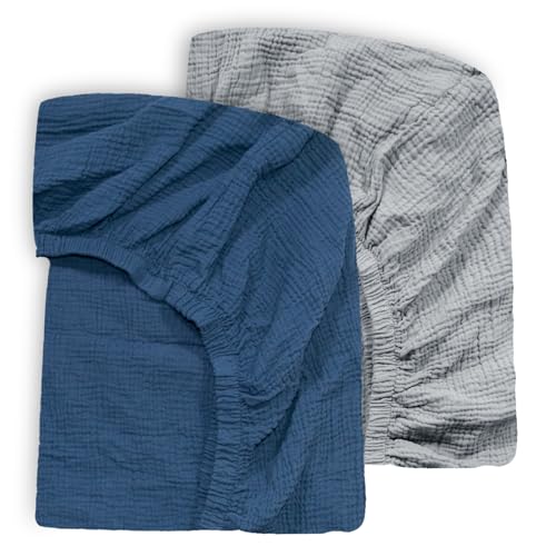 Image of Ultra Soft Muslin Crib Sheets for Baby, Premium Breathable Organic Cotton Crib Fitted Sheet for 52’’x28’’Standard Crib and Toddler Mattress,Grey&Navy Blue