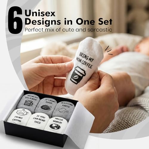 Image of Baby Socks Gift Set - 6 Cute & Funny Non-Slip Socks for Boys & Girls | Baby 0-6 Months to 12-18 Months | Organic Cotton with Grips