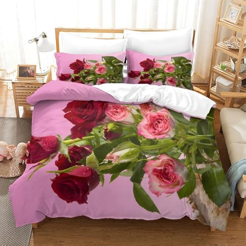 Parure de lit roses rouges 140x200 avec housse de couette en microfibre et taies d'oreiller pour ado