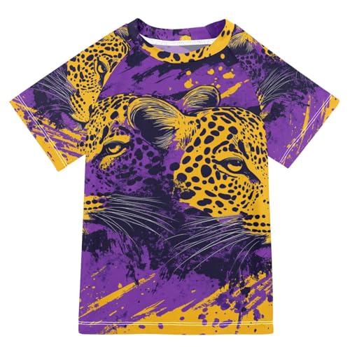 Jucciaco Boys Swimsuit Leopard Graffiti Purple Sunscreen Kids Sun Rashguard Short Sleeve T-Shirts Swimwear Sets UPF 50+