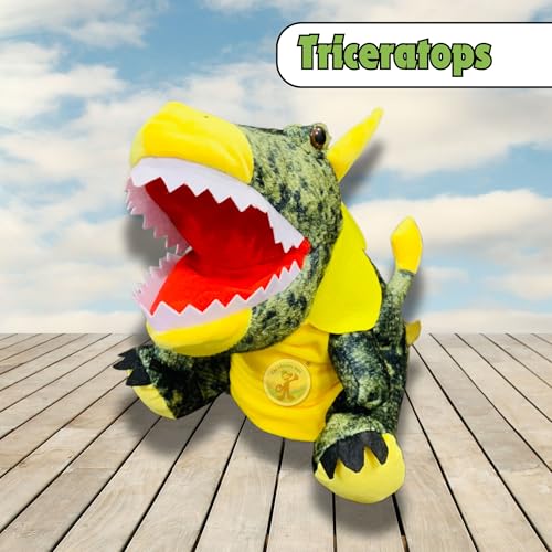 Image of Chi-Chimpu's Open Mouth Triceratops Dinosaur Hand Puppet for Kids | Soft Plush Animal Puppet for Storytelling Fun Learning Puppets Toy with Movable Mouth | Interactive Pretend Play | Spotted Green