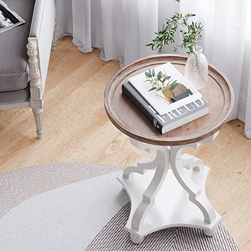 Function Home Rustic Farmhouse Round End Tables, Small Accent Side Table With Natural Tray Top And Concave Legs, Nightstand For Living Room, Bedroom, Handcrafted Finish, Wood, White #TOP2