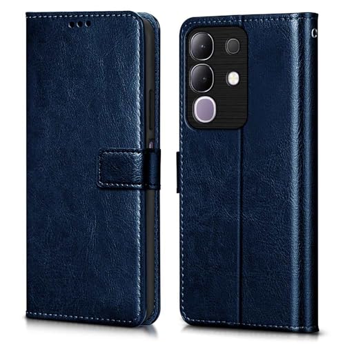 Image of WOW IMAGINE Shock Proof Flip Cover Back Case Cover for Vivo T4x 5G | iQoo Z10x 5G | Vivo Y31 Pro 5G (Flexible | Leather Finish | Card Pockets Wallet & Stand | Blue)