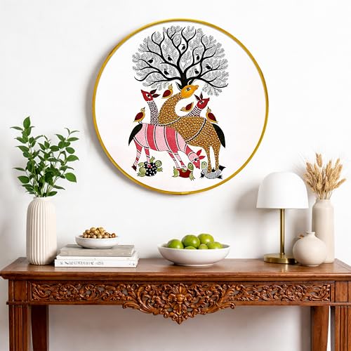 Image of Tribal Gond Round Framed Wall Art Painting For Living Room | Tribal Madhubani Folk Animal Wall Art Painting With Frame for Home, Bedroom & Office, 16 Inch