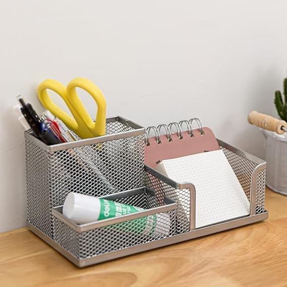 Mesh Desk Organiser Black Pencil Holder Tidy 3 Compartment Desktop Stationery Storage Tool Sticky Notes Organizer & Pen Holders Ideal For Bed Room Class Room & Office Table Accessories - Image 4