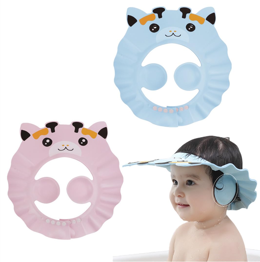 2Pcs Baby Shower Cap Toddler Shampoo Bath Cap Hair Washing Shampoo Shield Visor Cap Adjustable Bath Shower Protector Cap Waterproof Protection Bathing Caps for Kids Children Infants Care, Pink+Blue