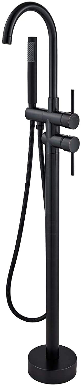 Aolemi Floor Mount Bathtub Faucet Freestanding Tub Filler Standing High Flow Shower Faucets Shower Mixer Taps, Swivel Gooseneck Spout with Cylinder Handheld Dark Black