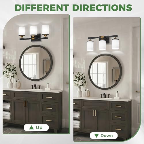 Image of DORESshop Bathroom Light Fixtures, 3-Light Black and Gold & Milky White Bathroom Lighting Fixtures Over Mirror with Milk Glass Shade, Modern Vanity Lights for Hallway Bedroom