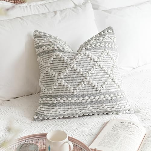 BlissBlush Gray White Decorative Throw Pillow Cover 20X20, Boho Accent