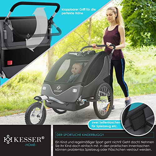 KESSER® Kinderanhänger Fahrradanhänger 360° Drehbar mit Federung 2in1 Joggerfunktion Kinderfahrradanhänger + 5-Punkt Gurt Jogger Fahrrad Anhänger für 1 bis 2 Kinder max. 40kg Inkl. Warnfahne, Schwarz