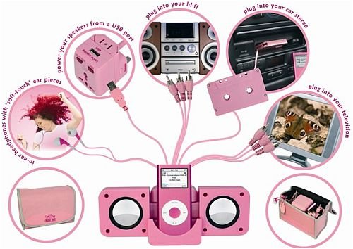 Pink iPod Kit: Great ipod Accessories For Women & Girls (Incs: Carry Case, Portable Speakers, Earphones, Audios Cables, USB Cables, Car Convertor)