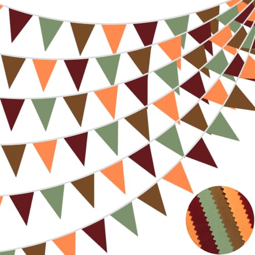 Image of 40Ft Burgundy Sage Green Brown Orange Fabric Bunting Banner Pennant Hanging Party Decorations Cotton Triangle Flag Garland for Retro Autumn Thanksgiving Fall Harvest Pumpkin Birthday Baby Shower Decor