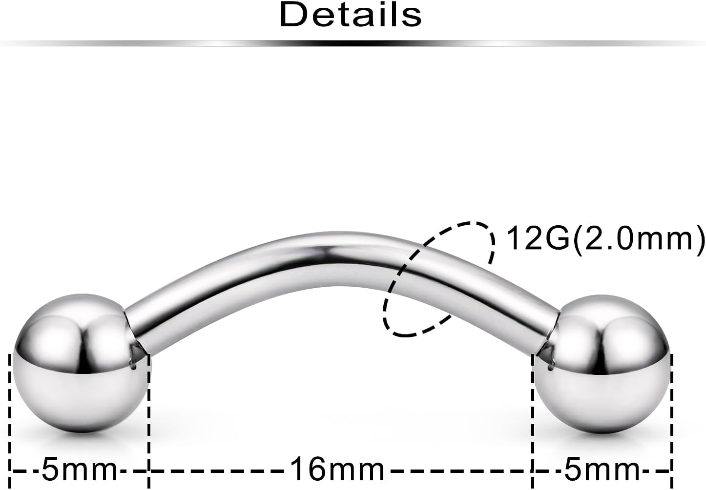 PA Rings G23 Titanium Internally Threaded Bent Curved Barbell for Women Men CR Ear Gauges Earrings 2G 4G 6G 8G 12G 12mm/16mm 1 Pair