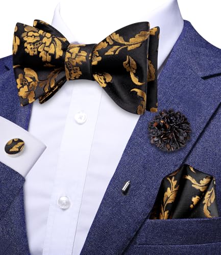 Image of Dubulle Self Tie Bow Ties and Lapel Pin for Men Paisley Solid Mens Bowtie and Handkerchief Cufflinks Set Wedding