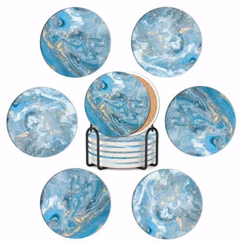 Image of Aieino Drink Coasters Set of 6 with Stand Cork Base Round Non-scratch, Blue