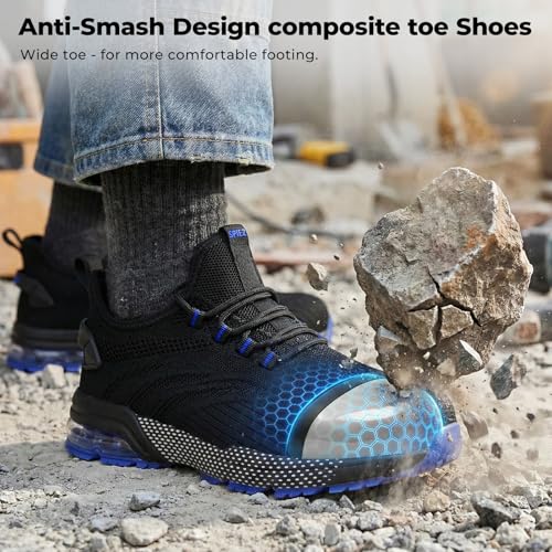Image of SPIEZ Composite Toe Shoes for Men Women, Lightweight Breathable Non Steel Toe Safety Shoes, Puncture Proof Slip Resistant Work Sneakers for Construction,Warehouse,Black Blue /Black Yellow