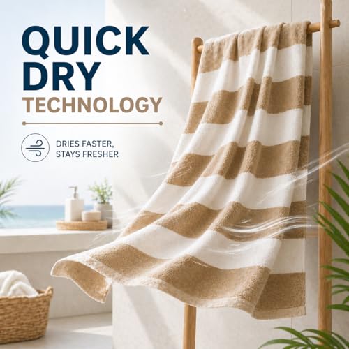 Image of TowelWala Extra Large Cotton Pool & Bath Towel | 180x90 cm | 450 GSM Cotton | Quick Drying & Highly Absorbent | Striped Design for Adults | TW PT Beige Pack 1