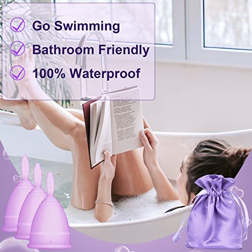Menstrual Cups, Set Of 3 Reusable Period Cups, Soft Silicone Bpa Free Menstral Cup, First Period Cup Kit For Girls & Women, Light To Heavy Flow, With Storage Bag (Purple.2S+1L) #TOP5