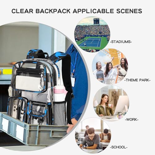 Image of Large Clear Backpack Heavy Duty For Stadiums Events,16in TPU Blue BookBag | Large capacity See Through strong Plastic backpack Stitch Durable Design 6-Pocket For School carry Airport Quick Security