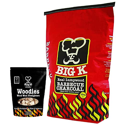 Big K BBQ Grill Charcoal Bulk - Real Lumpwood Charcoal 10kg Bag with 300g Woodies Natural Firelighters & Topline Card for Outdoor Barbeque Fire Pit Camping BBQs.