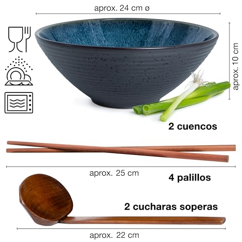 Miniatura 3 de Moritz Moritz 2 Tazones Ramen De Cerámica - 24 Cm Ø - Juego De Cuenco Ramen Azul Para 2 Personas - Para Sopa, Pho Y Sushi - Incl. Palillos Y Cucharas